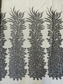 New Vegas heavy beaded feather design embroidery on a mesh fabric-Sold by the panel