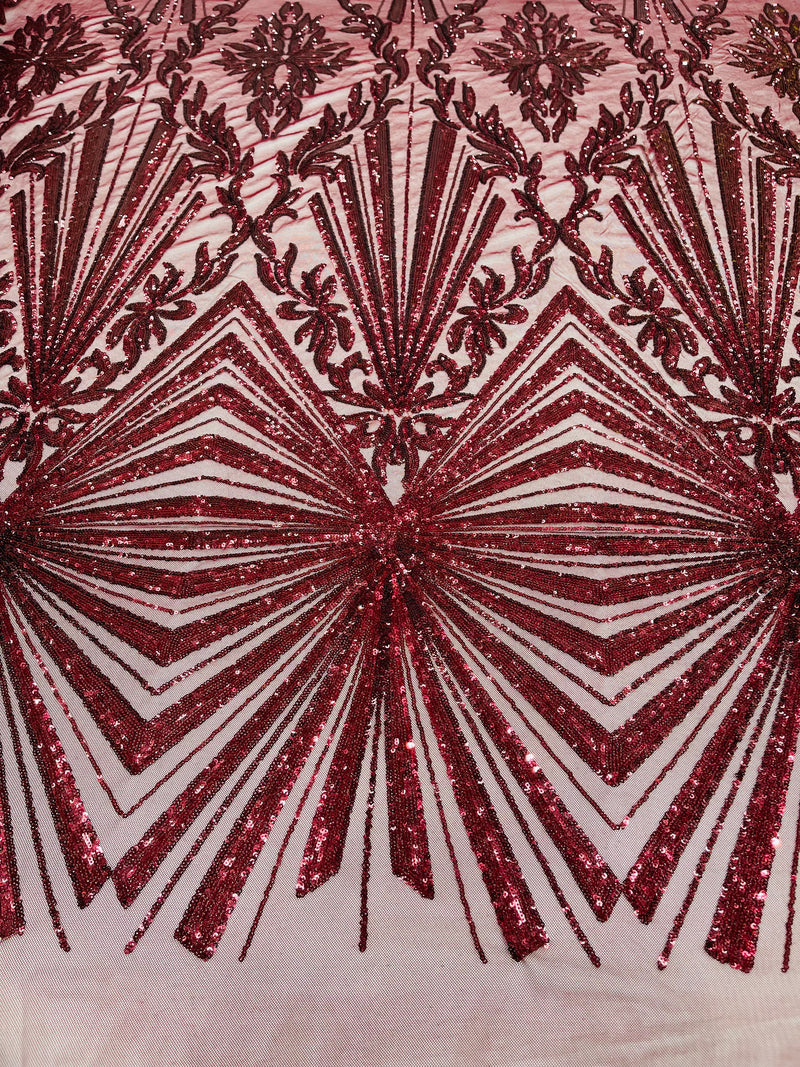 Burgundy sequin damask design on a 4 way stretch mesh- sold by the yard.