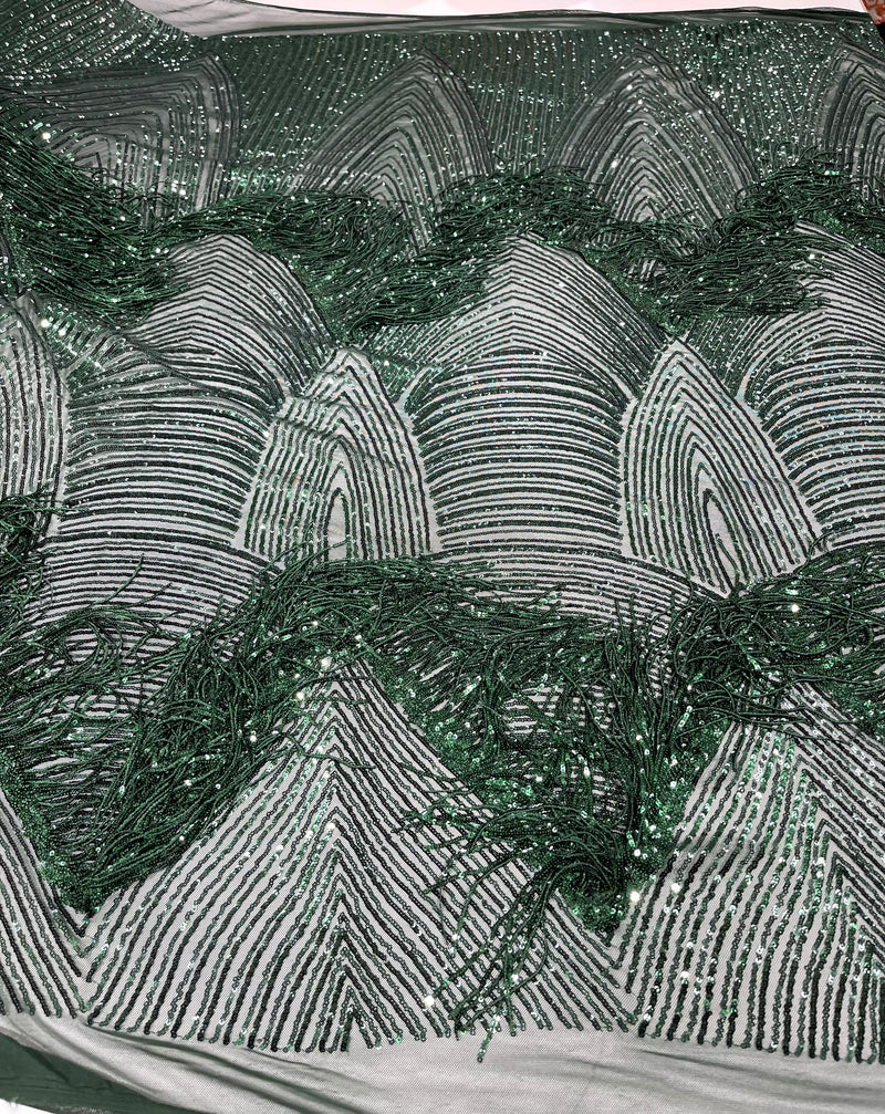 Maggie Fringe sequins design on a 4 way stretch mesh fabric-prom-sold by the yard.