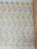 Daisy multi color gold metallic floral design embroider on a red mesh lace-dresses-sold by the yard.