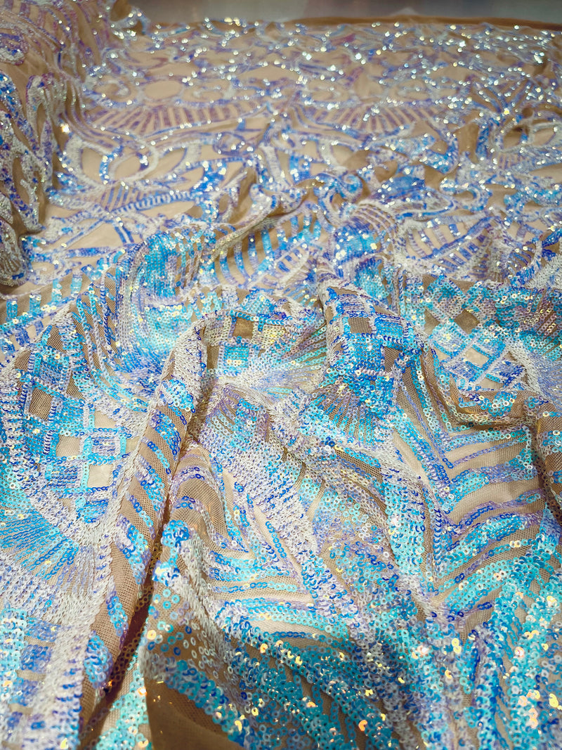 Aqua Clear iridescent royalty design on a nude 4 way stretch mesh-prom-sold by the yard.