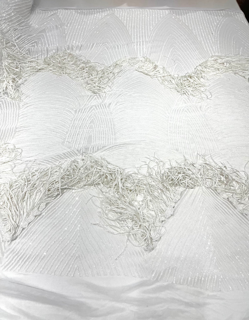 Maggie Fringe sequins design on a 4 way stretch mesh fabric-prom-sold by the yard.