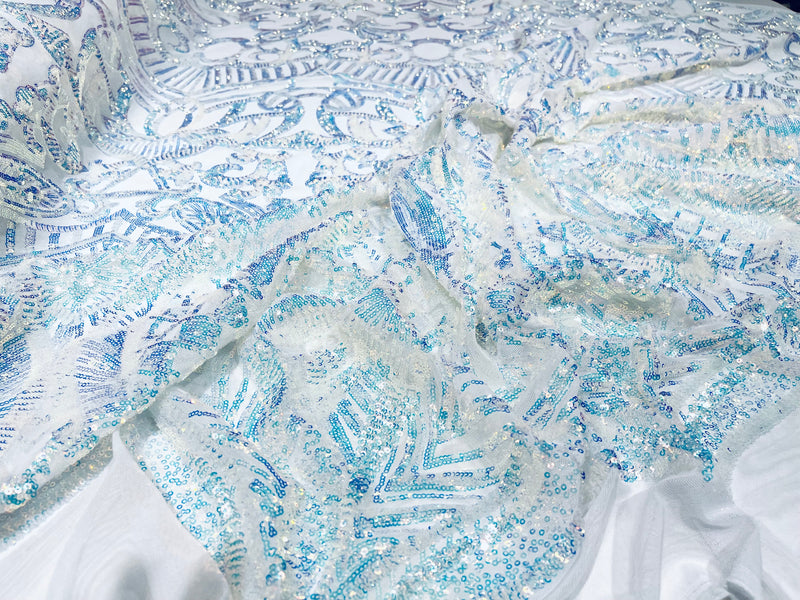 Aqua Clear iridescent royalty design on a white 4 way stretch mesh-prom-sold by the yard.