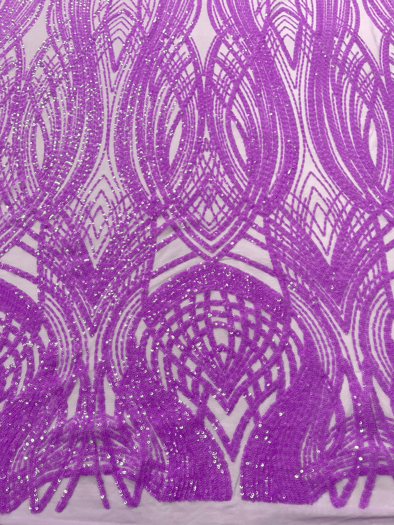 Feather damask shiny sequin design on a 4 way stretch mesh Fabric-prom-sold by the yard.