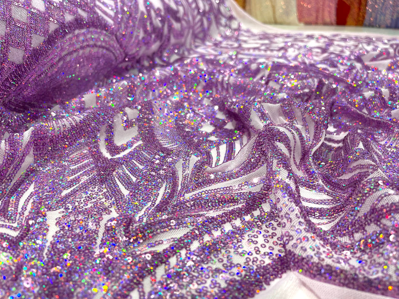 Lavender iridescent royalty design on a pink 4 way stretch mesh-prom-sold by the yard.