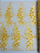 Rosa 3d floral design embroider with rhinestones in a mesh lace-sold by the yard.