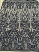 BIG DAMASK SEQUIN ON STRETCH MESH FABRIC (By The Yard)