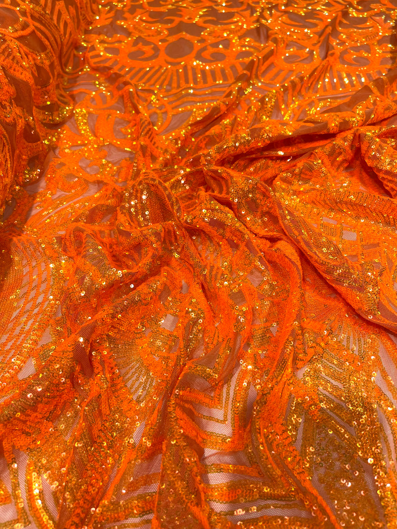 Neon Orange iridescent royalty design on a 4 way stretch mesh-prom-sold by the yard.