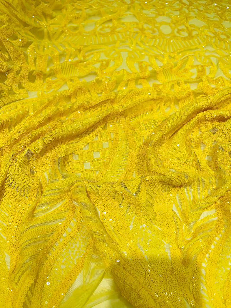 Bright Yellow royalty design on a 4 way stretch mesh-prom-sold by the yard.