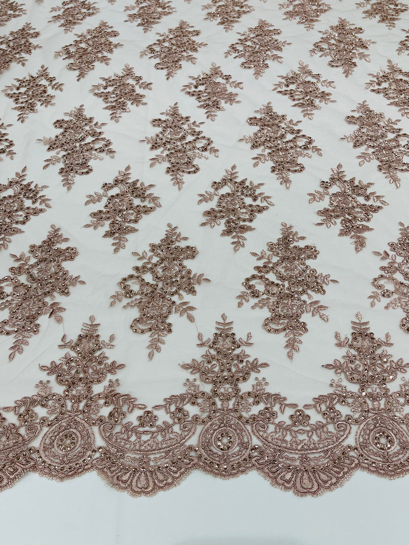 Modern Floral embroider with sequins on a mesh lace fabric-sold by the yard.