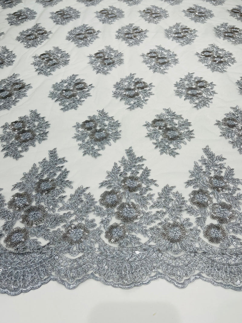 Floral corded embroider with sequins on a mesh lace fabric-sold by the yard