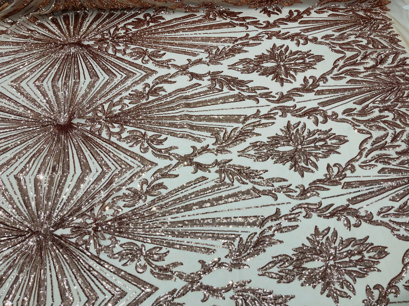 Rose gold sequin damask design on a 4 way stretch mesh- sold by the yard.