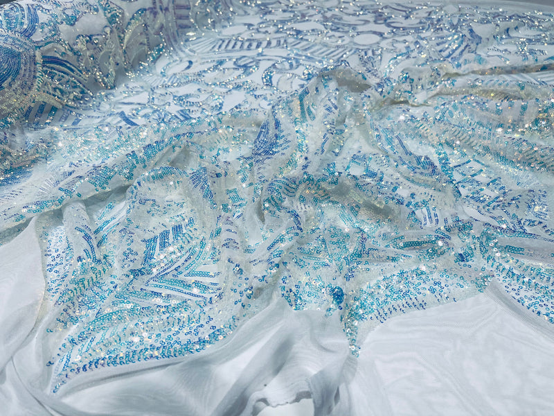 Aqua Clear iridescent royalty design on a white 4 way stretch mesh-prom-sold by the yard.
