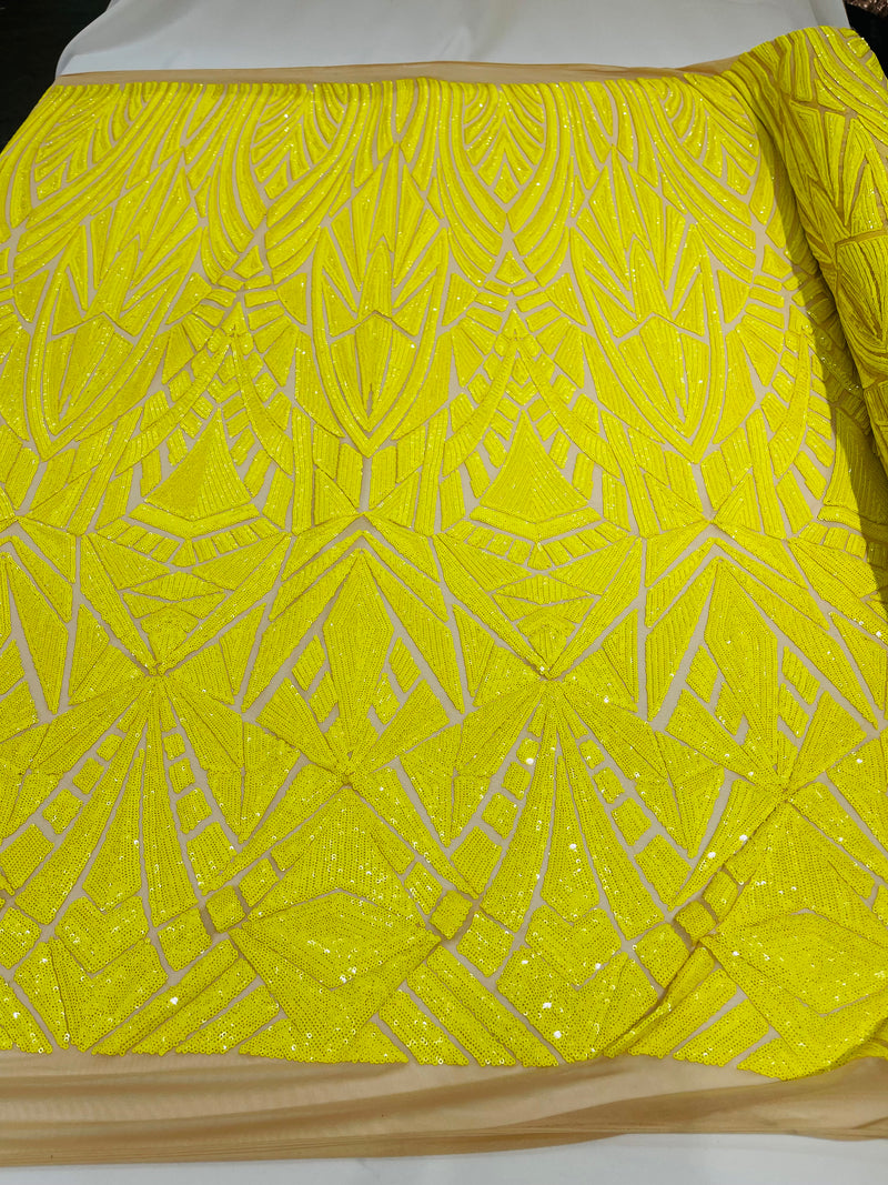 Eva geometric shiny sequin design on a 4 way stretch mesh-sold by the yard.