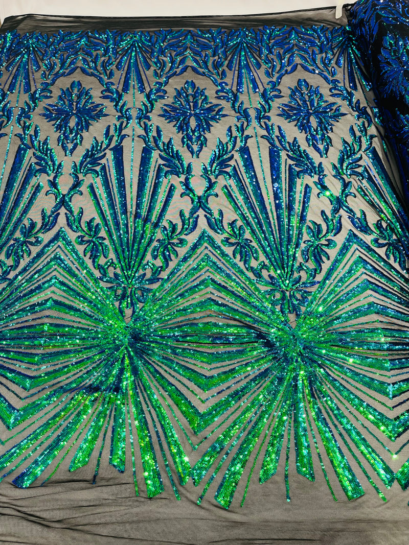Green Iridescent sequin damask design on a black 4 way stretch mesh- sold by the yard.