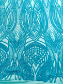 Feather damask shiny sequin design on a 4 way stretch mesh Fabric-prom-sold by the yard.