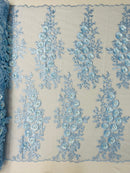 Rosa 3d floral design embroider with rhinestones in a mesh lace-sold by the yard.