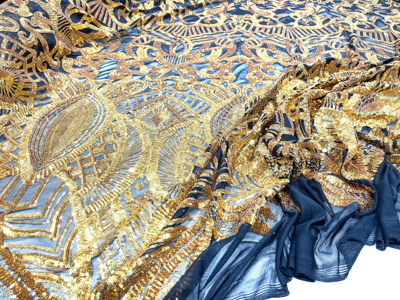 Dark Gold royalty design on a black 4 way stretch mesh-prom-sold by the yard.