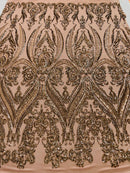 BIG DAMASK SEQUIN ON STRETCH MESH FABRIC (By The Yard)