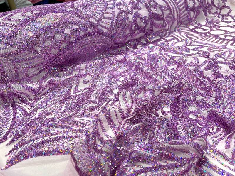 Lavender iridescent royalty design on a pink 4 way stretch mesh-prom-sold by the yard.