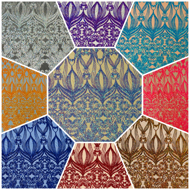 New Damask design with sequins embroider on a 4 way stretch mesh fabric-sold by the yard.