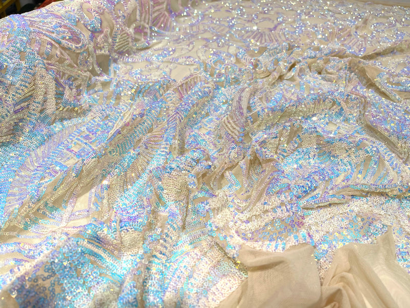 Aqua Clear iridescent royalty design on a champagne 4 way stretch mesh-prom-sold by the yard.