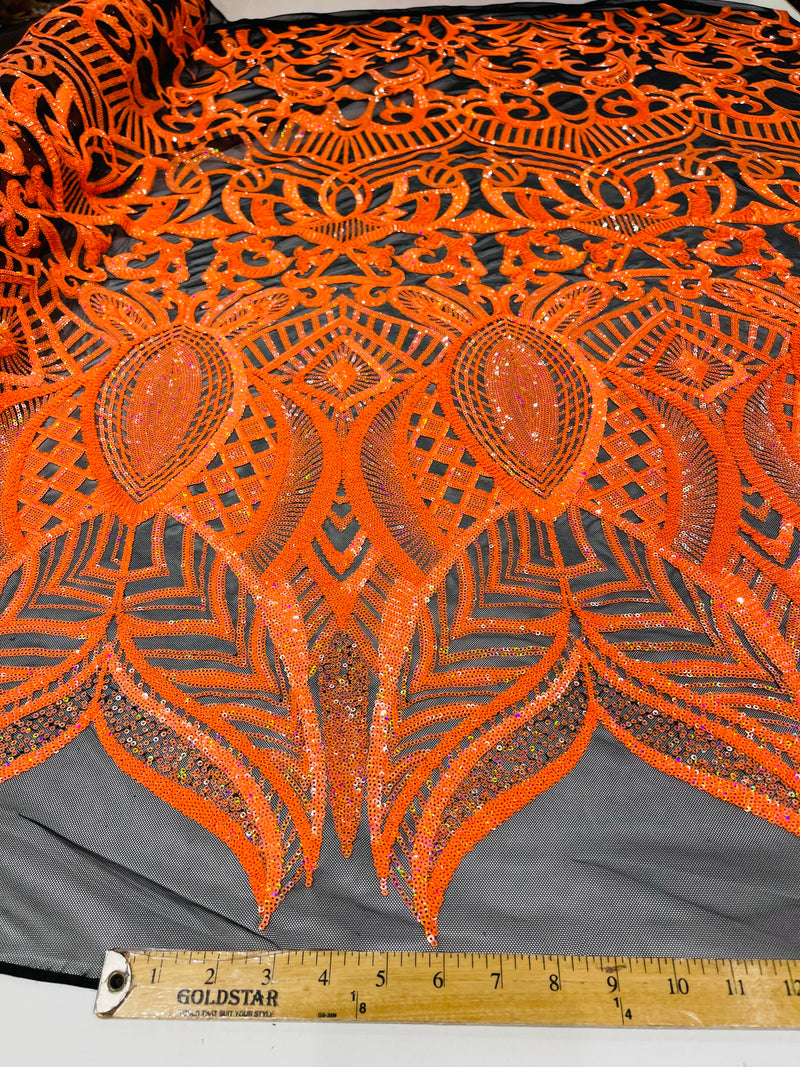 Neon Orange iridescent royalty design on a black 4 way stretch mesh-prom-sold by the yard.