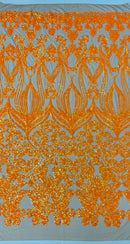 New Damask design with sequins embroider on a 4 way stretch mesh fabric-sold by the yard.