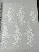 Rosa 3d floral design embroider with rhinestones in a mesh lace-sold by the yard.