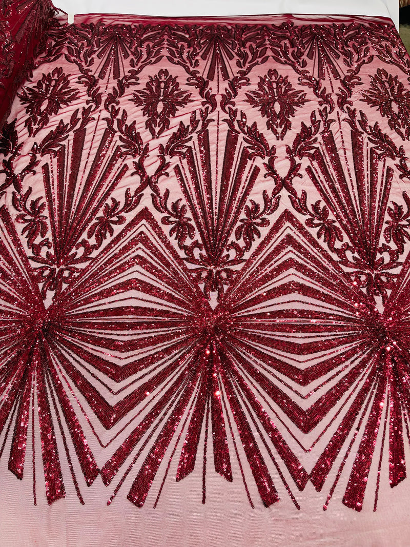 Burgundy sequin damask design on a 4 way stretch mesh- sold by the yard.