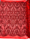 Iridescent Heart Damask sequin design on a 4 way stretch mesh fabric-prom-sold by the yard.