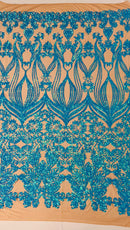 New Damask design with sequins embroider on a 4 way stretch mesh fabric-sold by the yard.