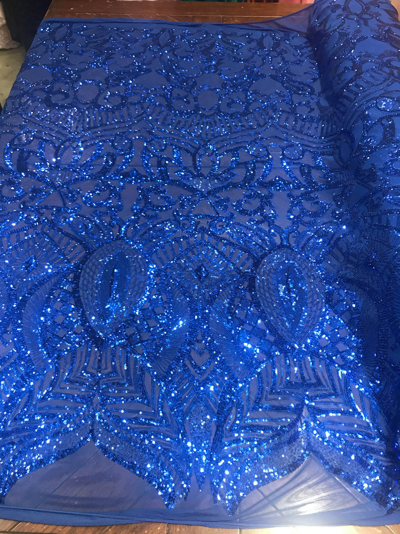 Royalty design embroidery with sequins on a 4 way stretch mesh-dresses-fashion-prom-nightgown-apparel-sold by the yard.