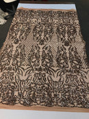 Shiny sequin damask design embroidery on a 4 way stretch mesh - dresses - prom - nightgown - sold by yard - free shipping. - New Creations Fabric & Foam Inc